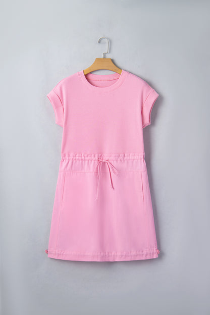 Solid Ribbed Knit Patchwork Drawstring Mini Dress