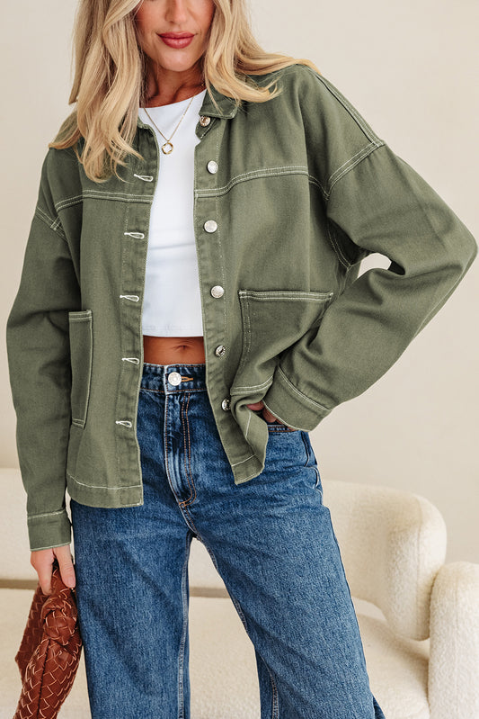 Denim Button-Up Patch Pocket Collared Jacket