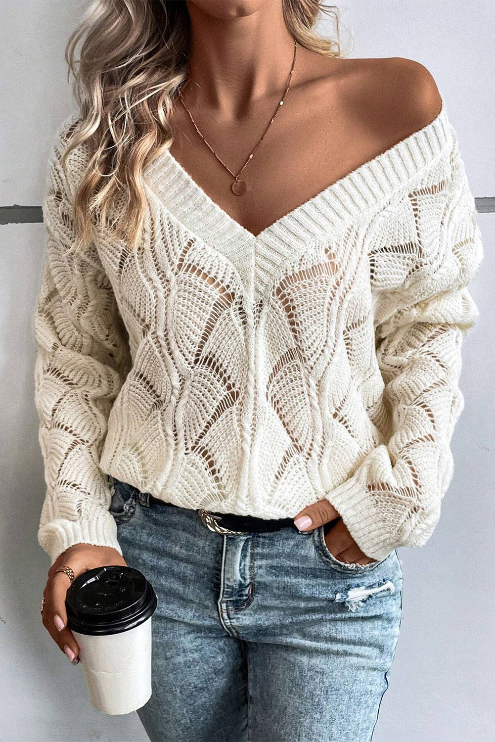 Hollowed Knit V-Neck Sweater