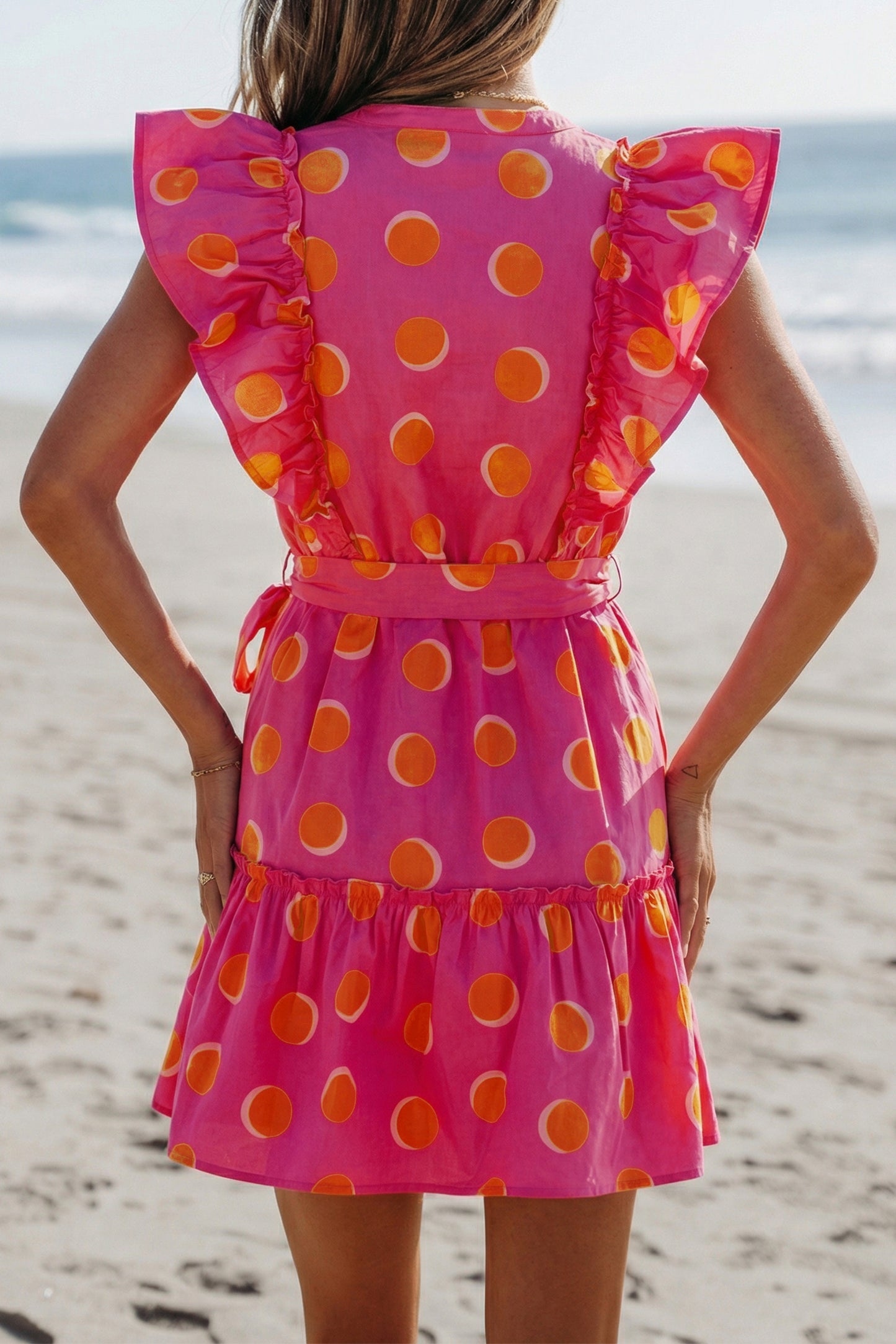 Polka Dot V-Neck Ruffle Belted Mini Dress