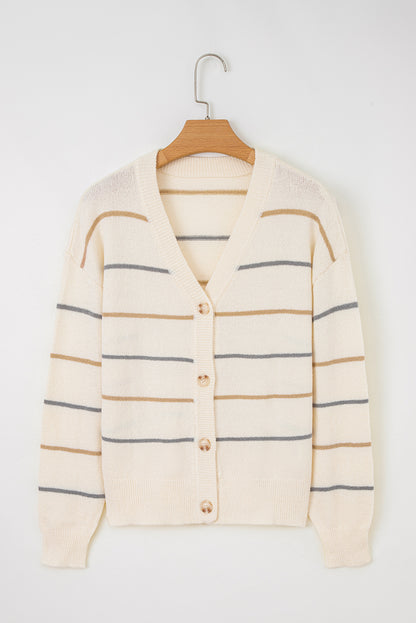 Stripe Buttoned V-Neck Cardigan Sweater