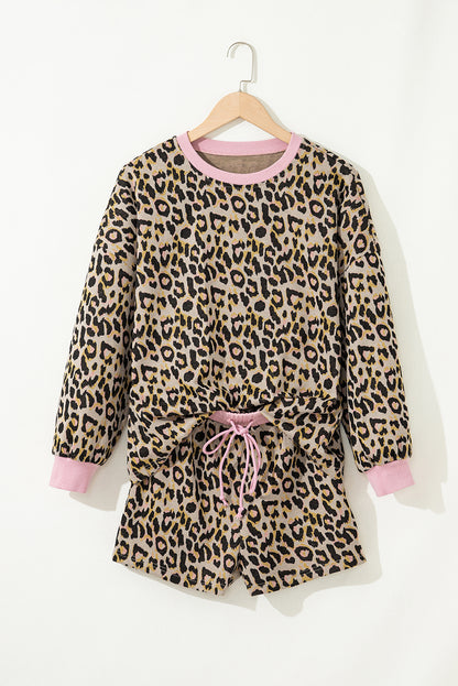 Leopard Contrast Edge Pullover and Shorts Set