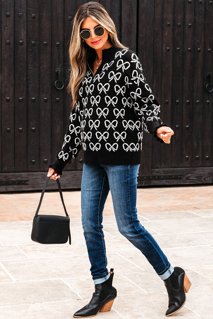 Bow Zipped Collar Drop Shoulder Sweater