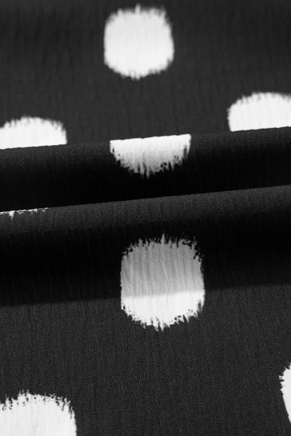 Polka Dot Shirred Notched Neck Balloon Sleeve Blouse