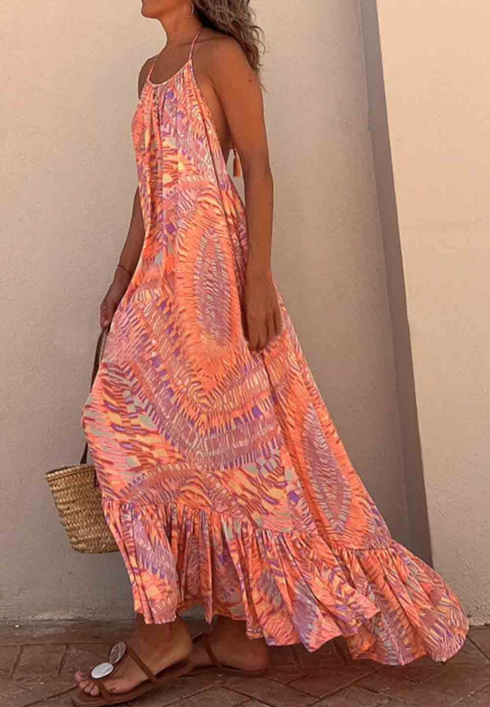 Abstract Halterneck Ruffle Maxi Dress