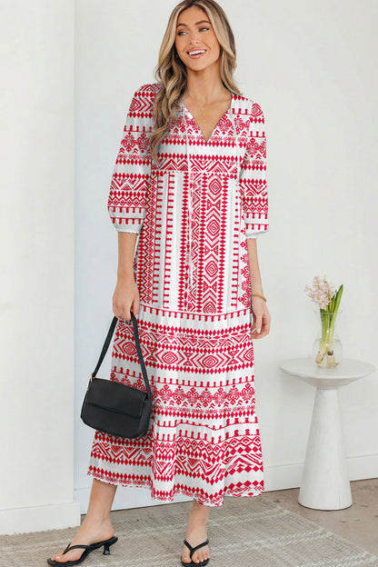 Boho Tied V-Neck 3/4 Sleeve Maxi Dress