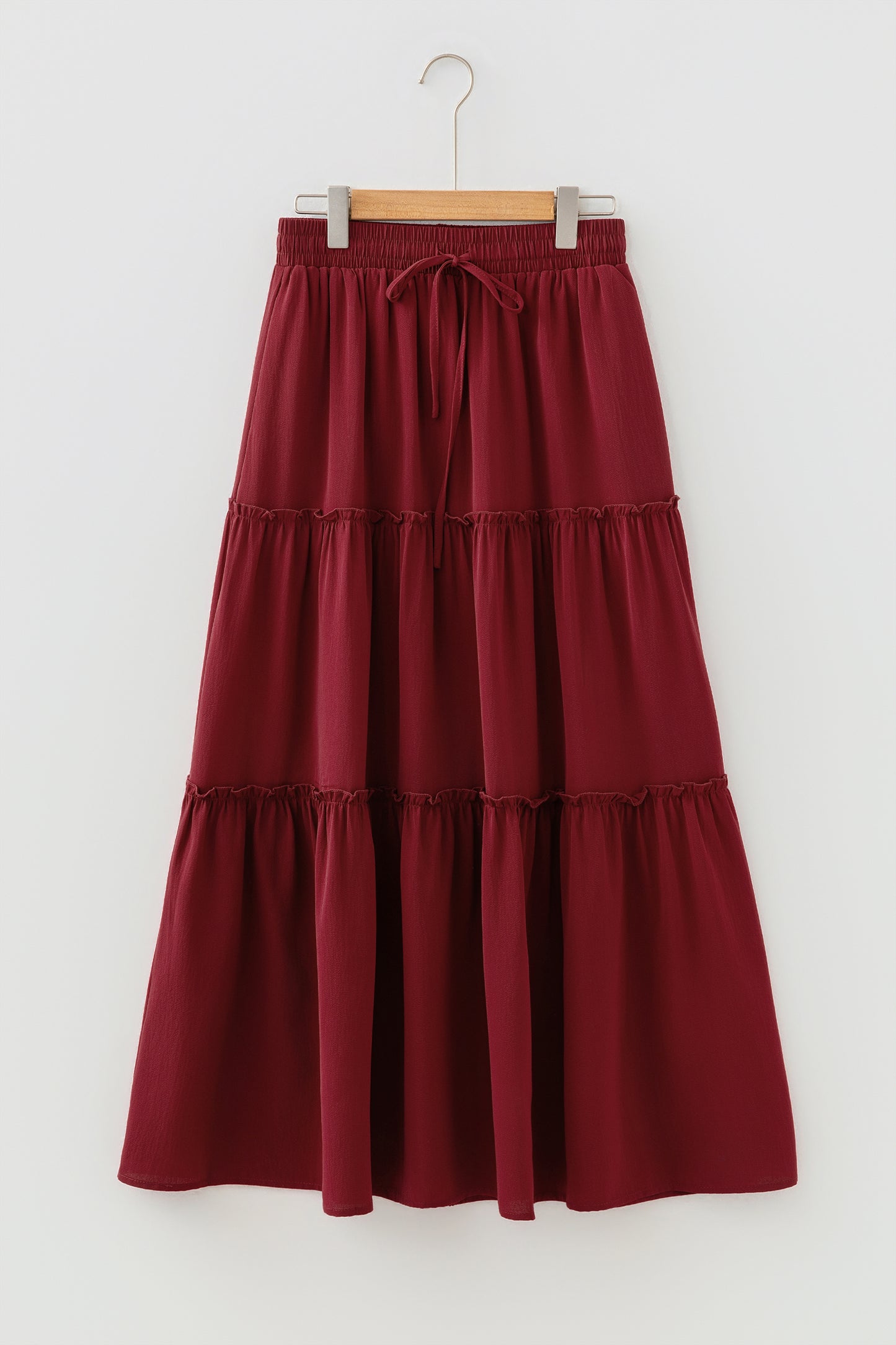 Solid Frilled Tiered Drawstring Waist Maxi Skirt