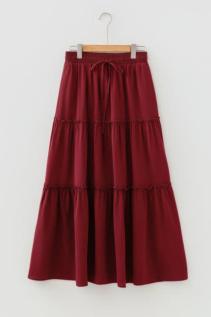 Solid Frilled Tiered Drawstring Waist Maxi Skirt