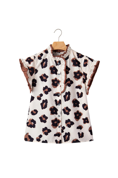 Leopard Ruffle Sleeve Button Up Blouse