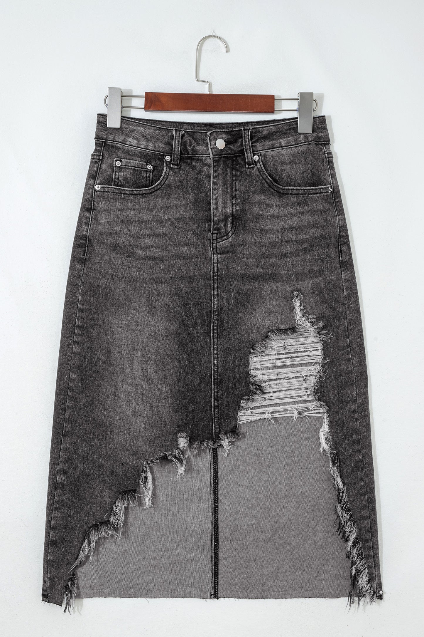 Denim Asymmetrical Distressed Midi Skirt