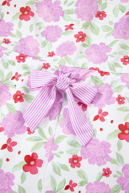 Floral Stripe Trim Frilled Neck 3/4 Sleeve Dress