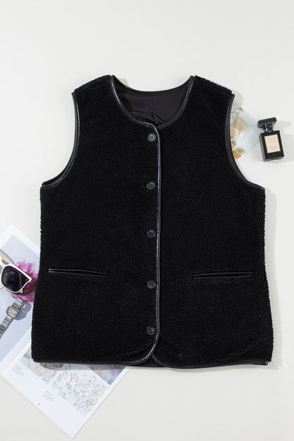 Fleece Leather Contrast Buttoned Vest