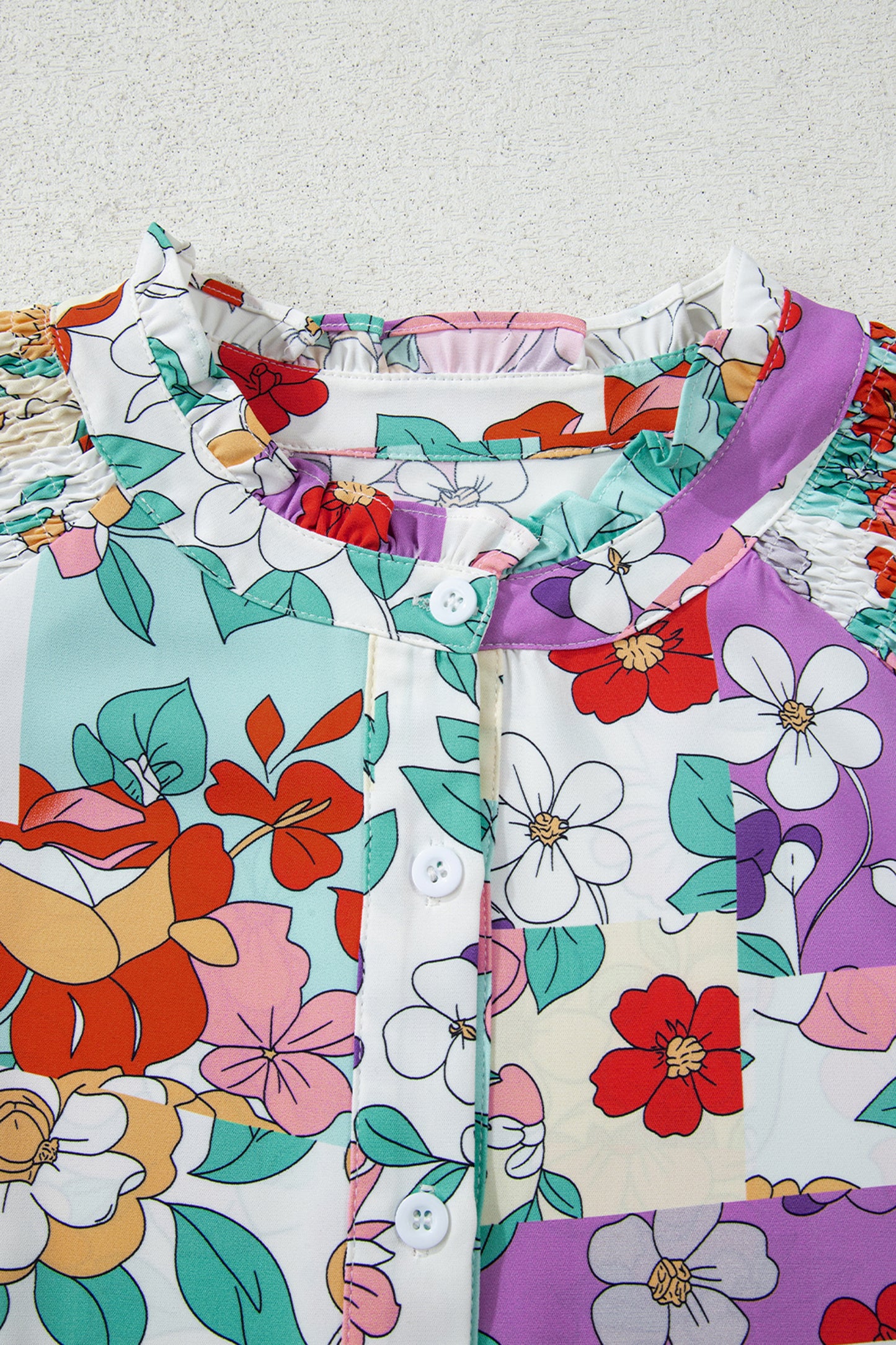 Floral Patchwork Frilled Neck Long Sleeve Shirt