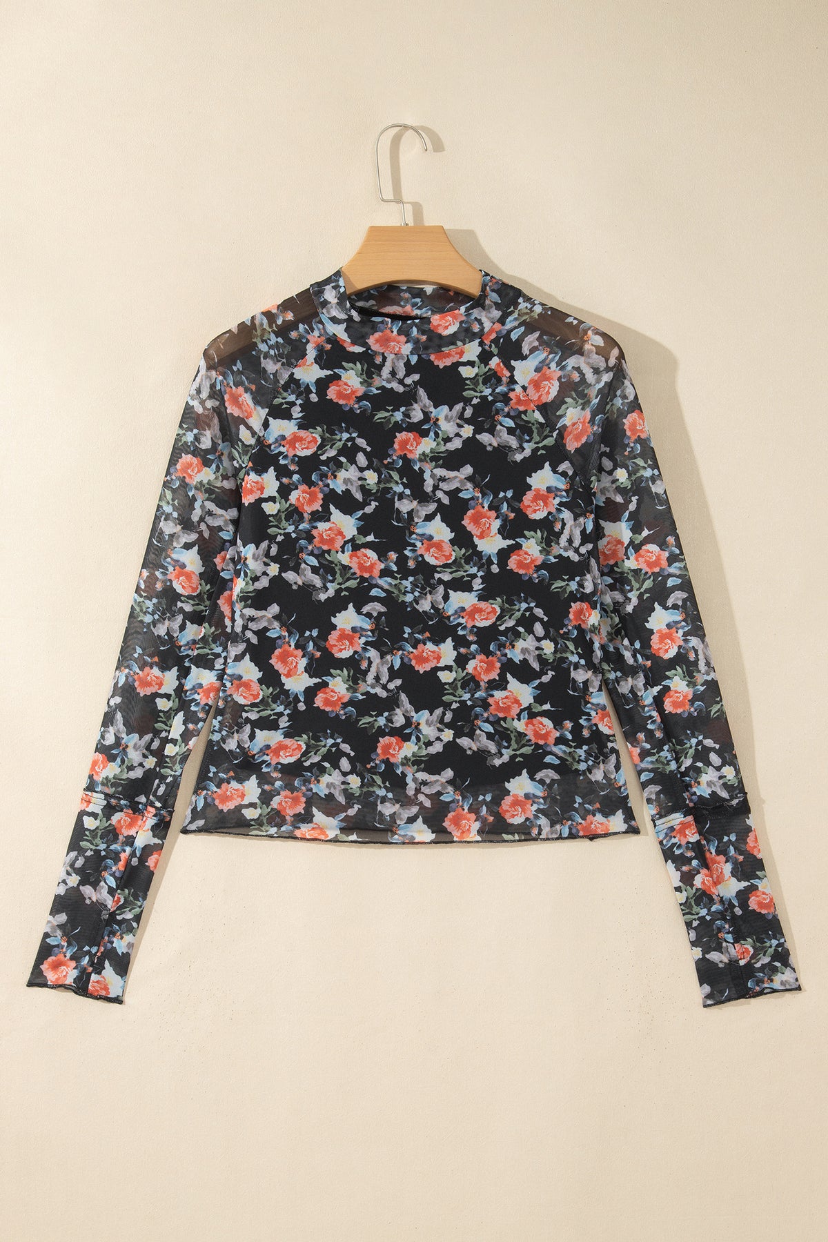 Floral Mesh Thumbhole Long Sleeve Mock Neck Top