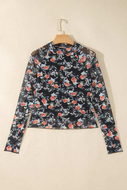 Floral Mesh Thumbhole Long Sleeve Mock Neck Top
