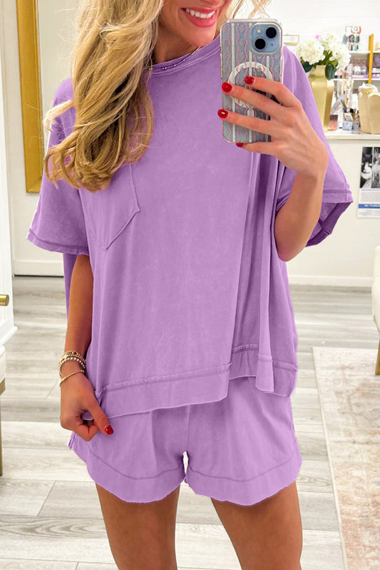 Oversized Raw Edge Patch Pocket Top & Shorts Set