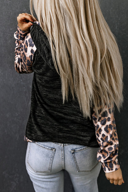 Leopard Colorblock Asymmetrical Button Hoodie