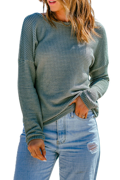 Waffle Drop Shoulder Long Sleeve Top