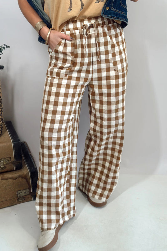 Gingham Plaid Tie Waist Elastic Shift Pants