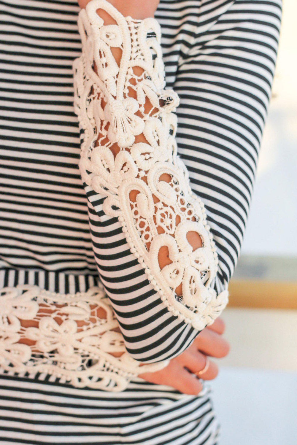 Stripe Crochet Lace Sleeve Top