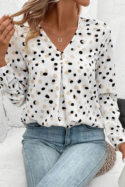 Polka Dot Buttoned V-Neck Blouse