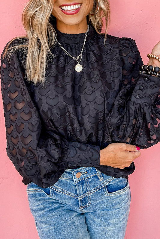 Scallop Burnout Bubble Sleeve Blouse