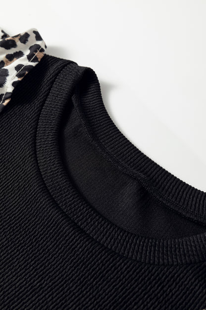 Leopard Contrast Ruffle Short Sleeve Ribbed Top