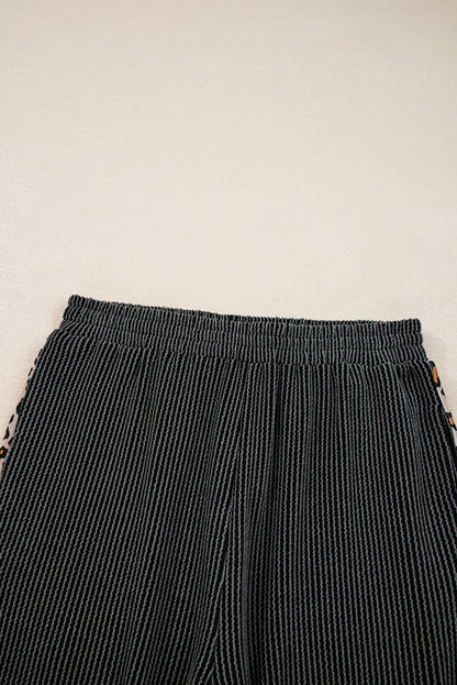 Carbon Grey Twisted Rib Texture Leopard Patchwork Detail 2pcs Pant Set