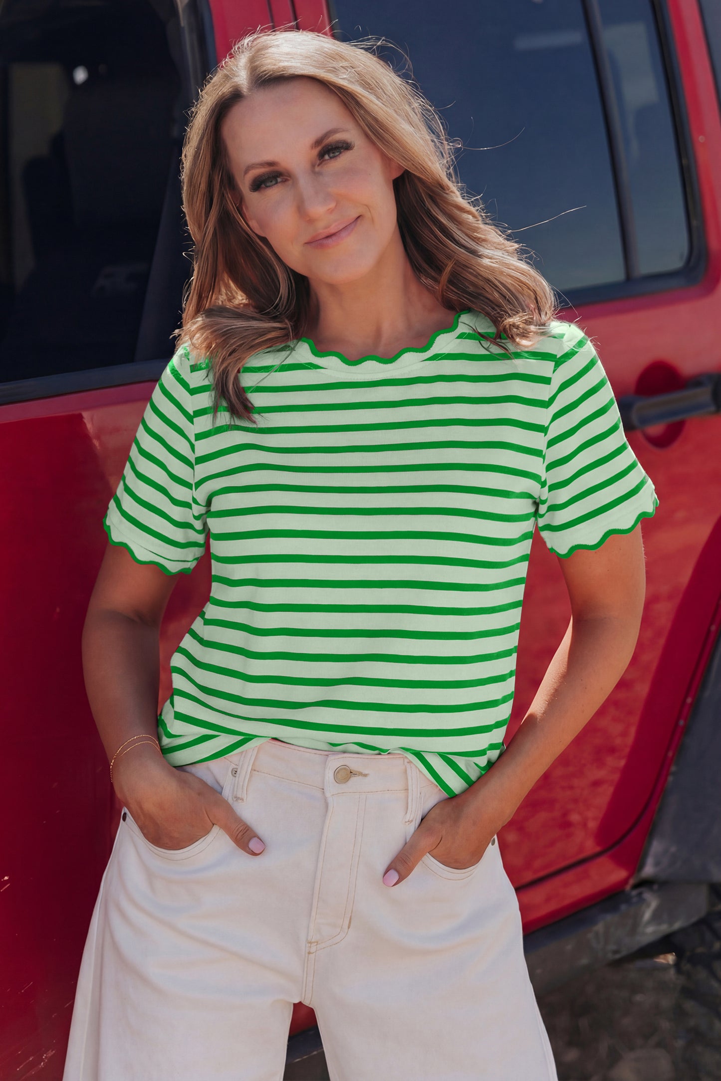 Stripe Scallop Trim Round Neck T-Shirt