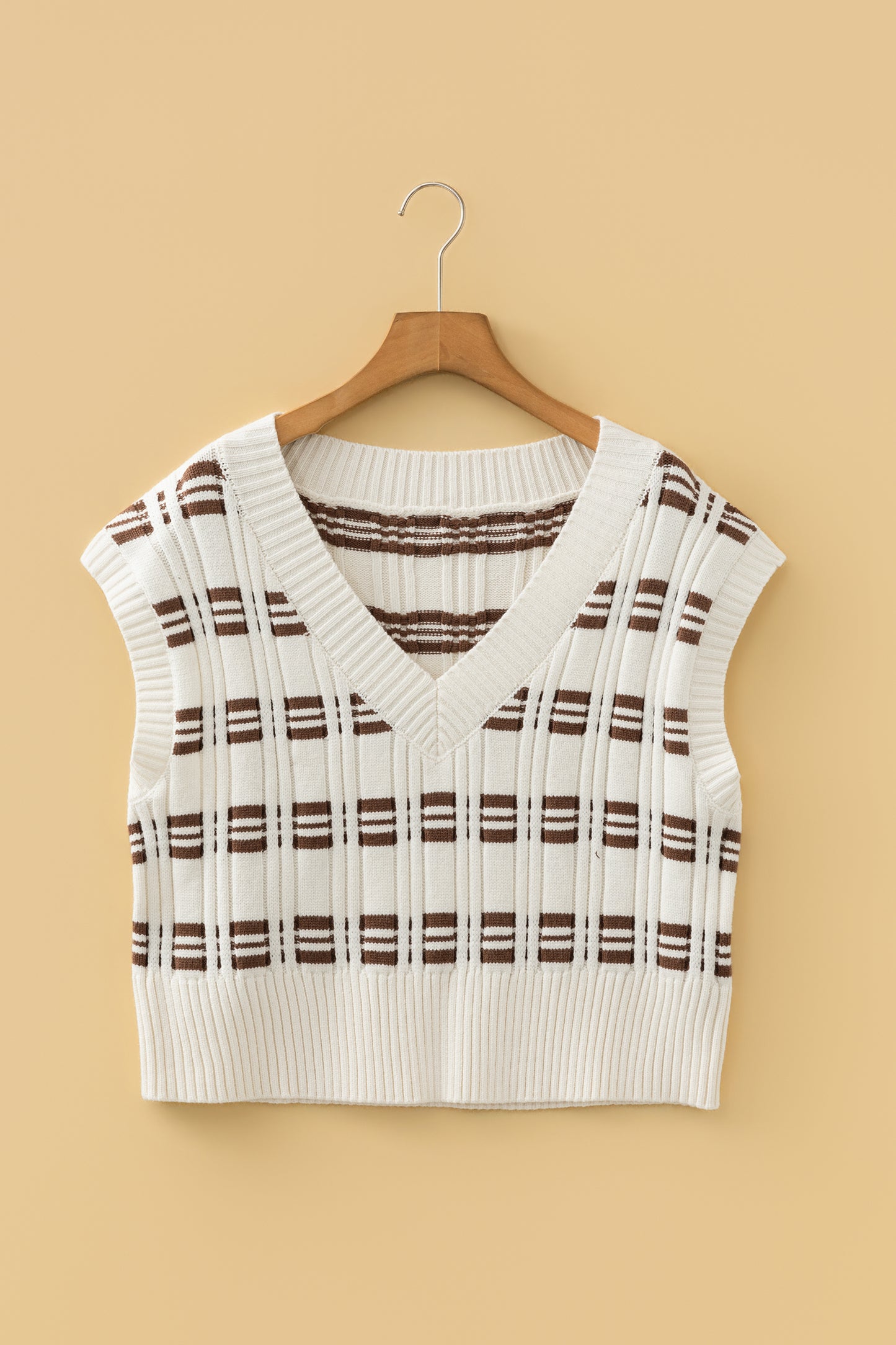 Geometric Textured V-Neck Cropped Sweater Top