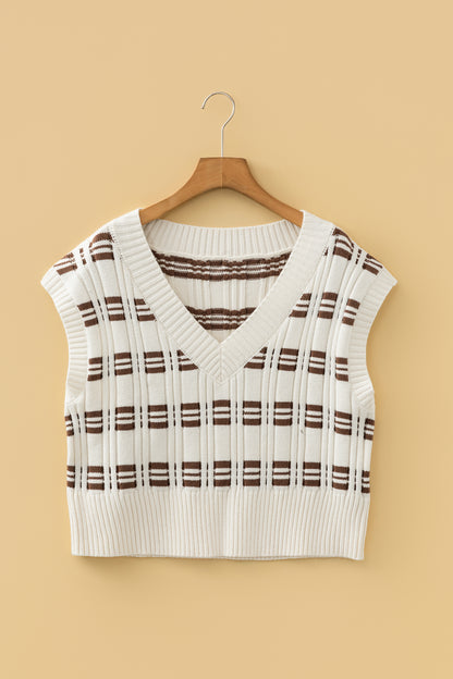 Geometric Textured V-Neck Cropped Sweater Top