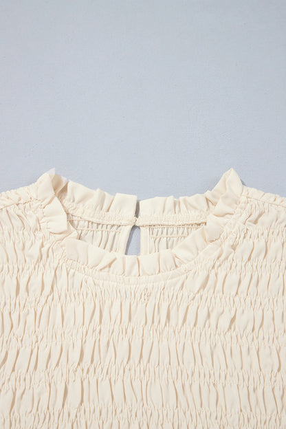 Solid Smocked Ruffle Hem Long Sleeve Blouse