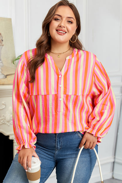 Plus Size Stripe Crinkled Half-Button V-Neck Blouse