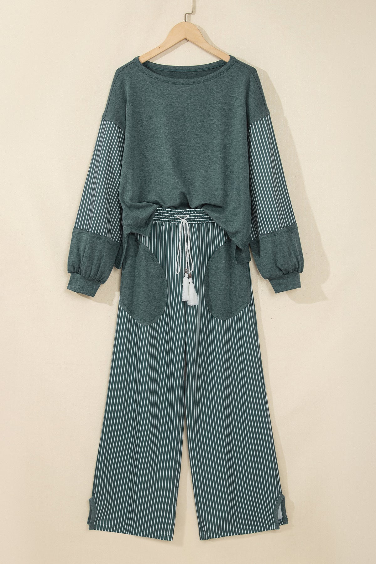 Plus Size Stripe Patchwork Raw Seam Top & Pants Set