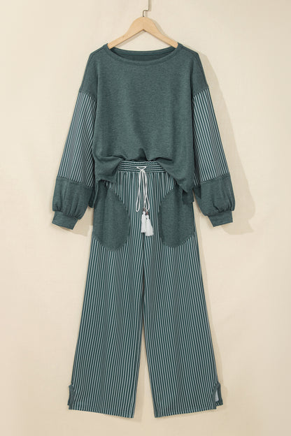 Plus Size Stripe Patchwork Raw Seam Top & Pants Set