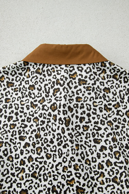 Plus Size Leopard Contrast Trim Puff Sleeve Blouse
