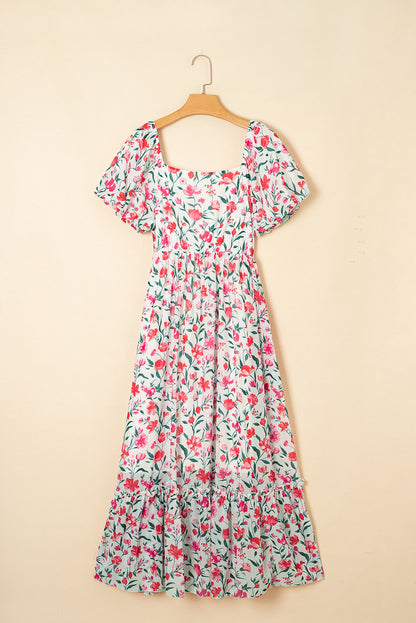 Floral Puff Sleeve Square Neck Tiered Dress