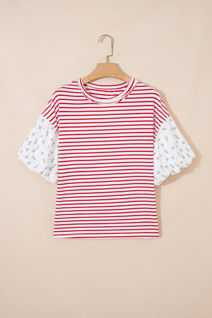 Floral Stripe Patchwork Puff Sleeve Round Neck Top