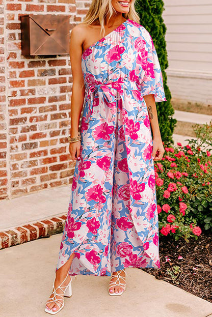 Floral One Shoulder Belted Jumpsuit