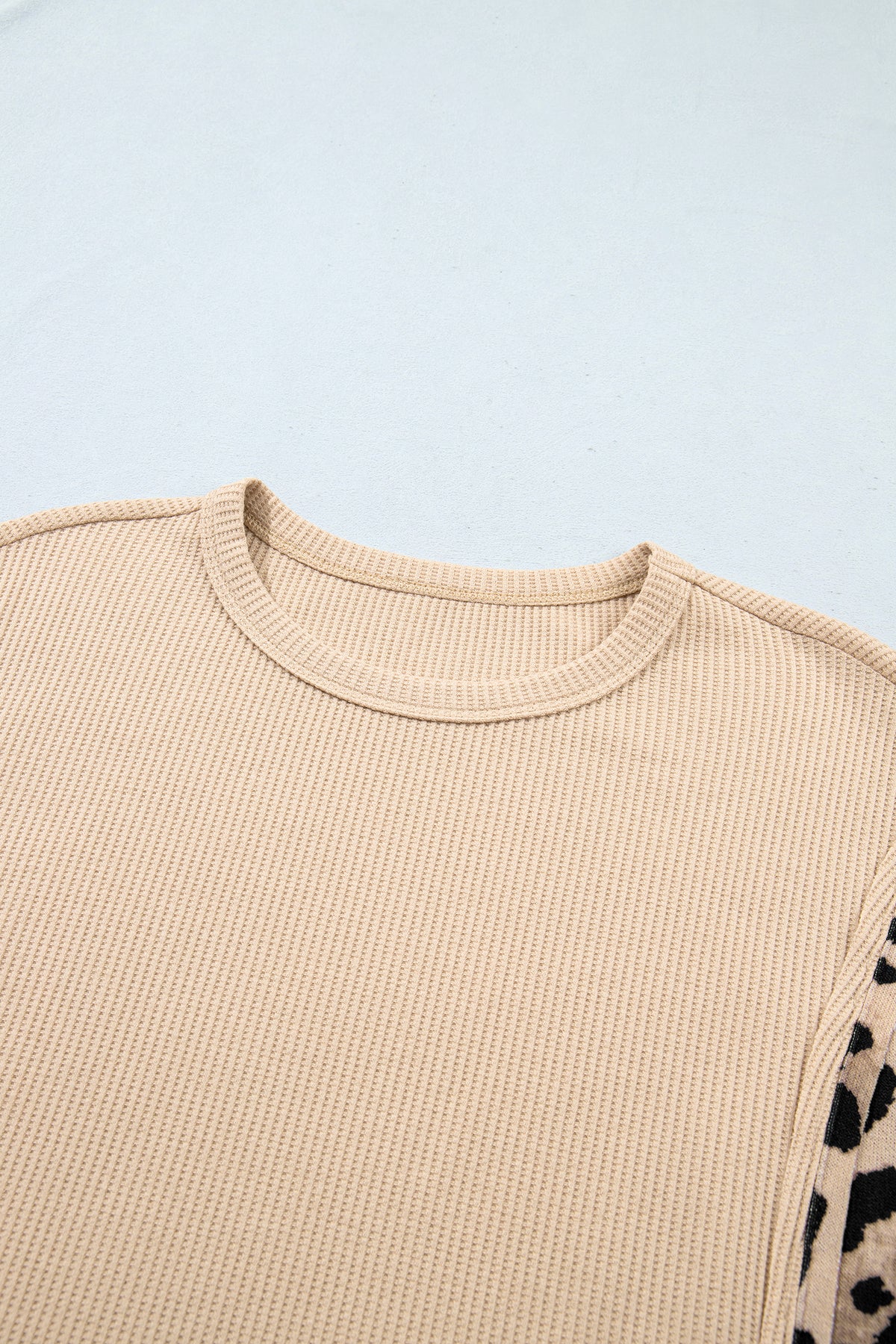Leopard Ribbed Trim Waffle Knit Split Hem Sweater