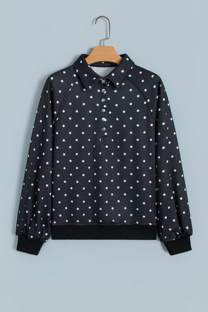 Polka Dot Half Button Collared Long Sleeve Sweatshirt