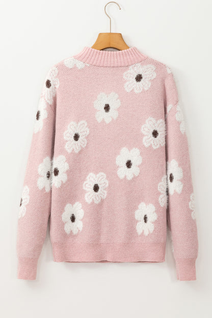 Floral Half Zip Drop Shoulder Sweater