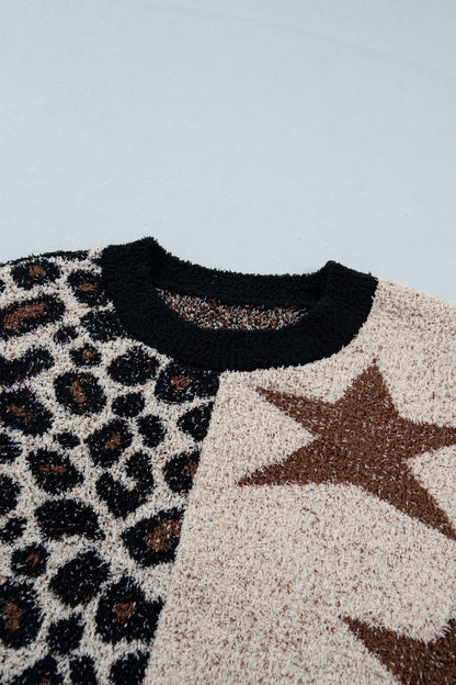 Leopard Star Patchwork Round Neck Fuzzy Sweater