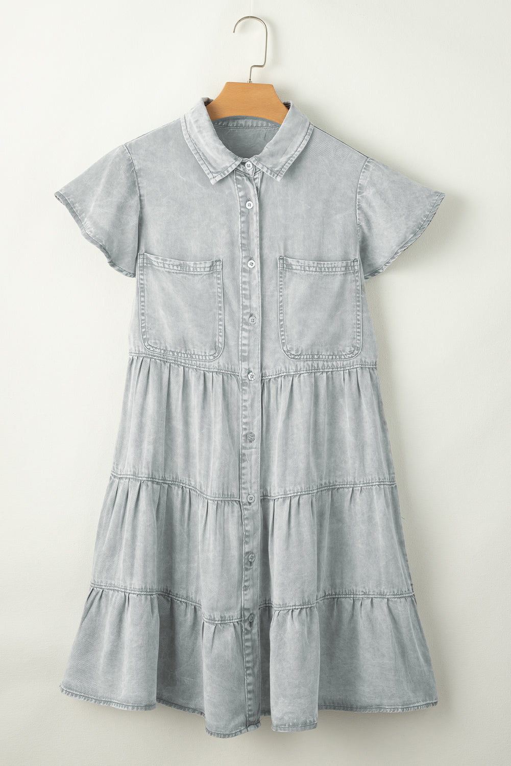 Mineral Washed Chambray Tiered Dress