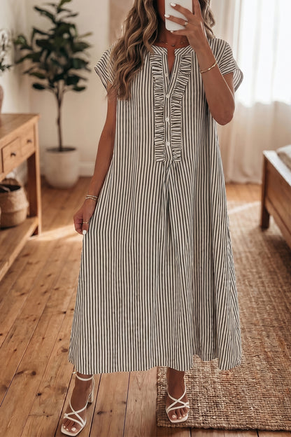 Stripe Frilled Half Buttoned Maxi Dress