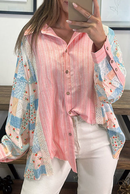 Stripe Floral Patchwork Buttoned Shirt