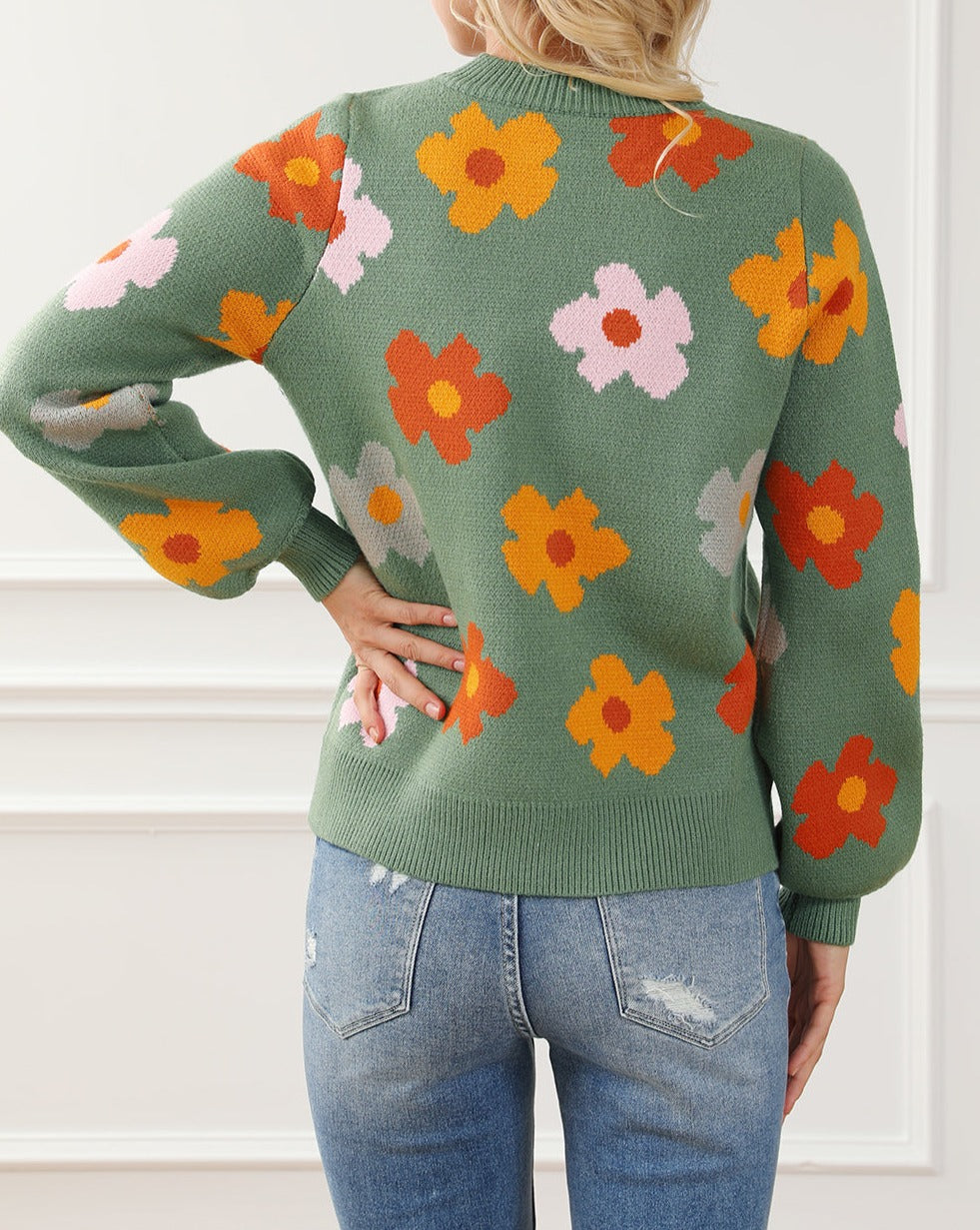 Floral Rib Trim Crewneck Sweater