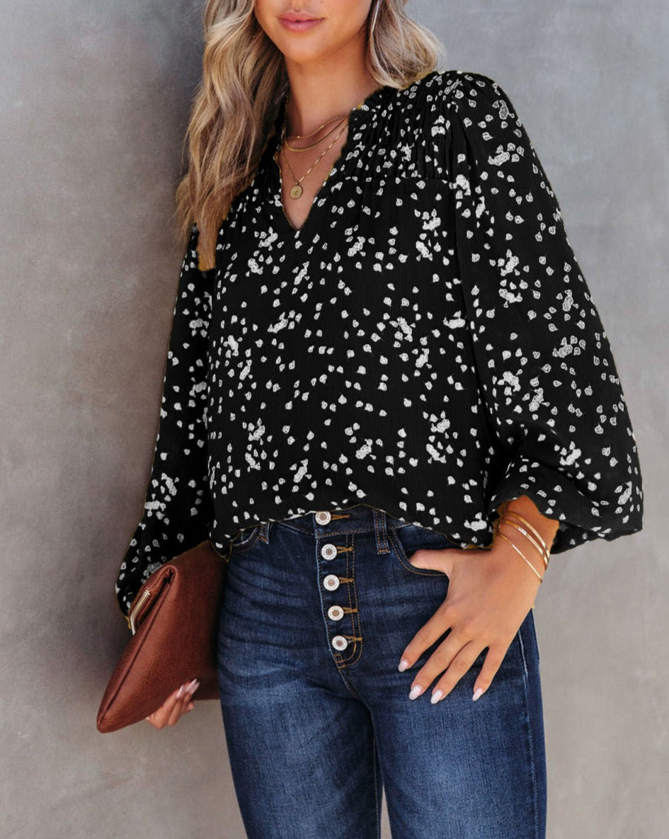 Dotted Split V-Neck Blouse