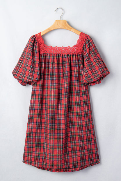Plaid Lace Trim Square Neck Mini Babydoll Dress