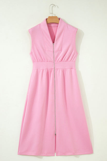 Solid Zip Up V-Neck Sleeveles Midi Dress